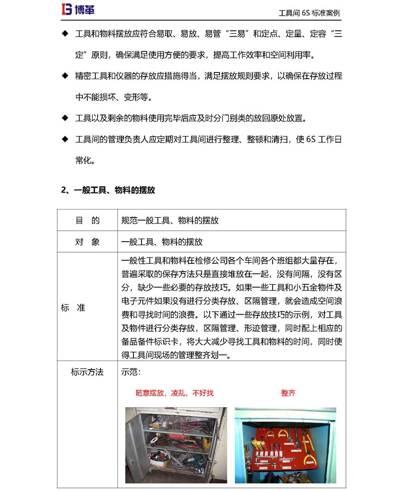 工具間一般工具，物料的擺放